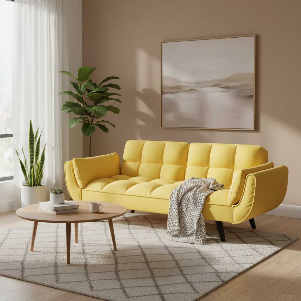 Divano Giallo con Braccioli e Cuscino Decorativo - Comodo Divano Letto per Piccoli Spazi, Ideale per Appartamenti