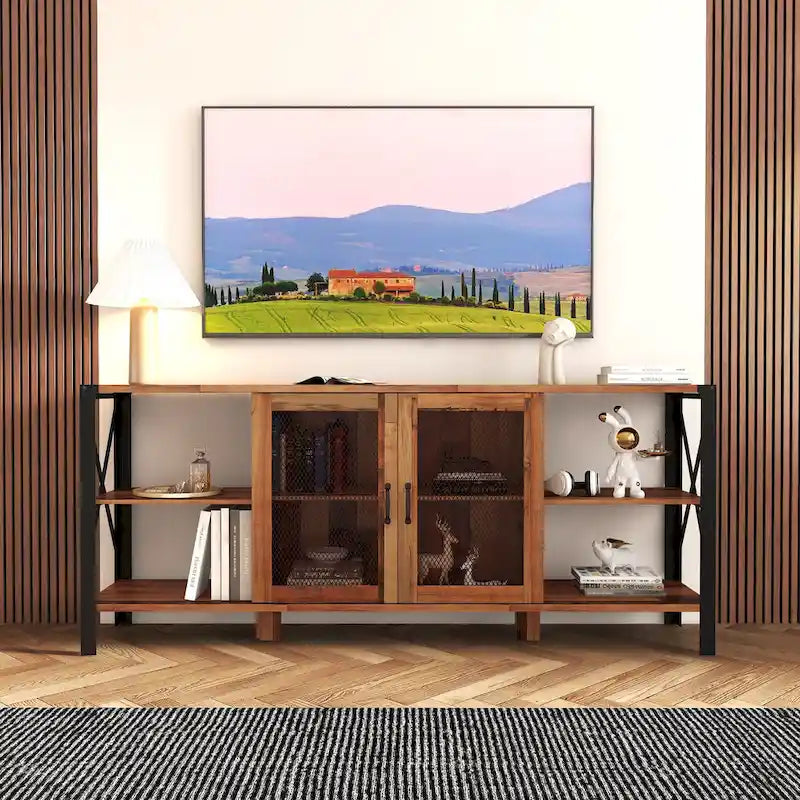 Mobile porta TV rustico con vani aperti da 180 cm, colore noce