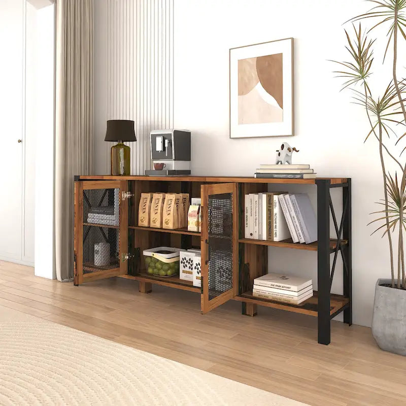 Mobile porta TV rustico con vani aperti da 180 cm, colore noce