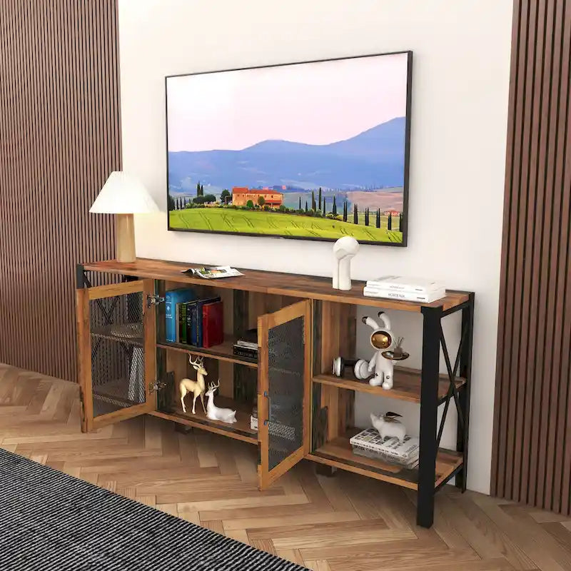 Mobile porta TV rustico con vani aperti da 180 cm, colore noce