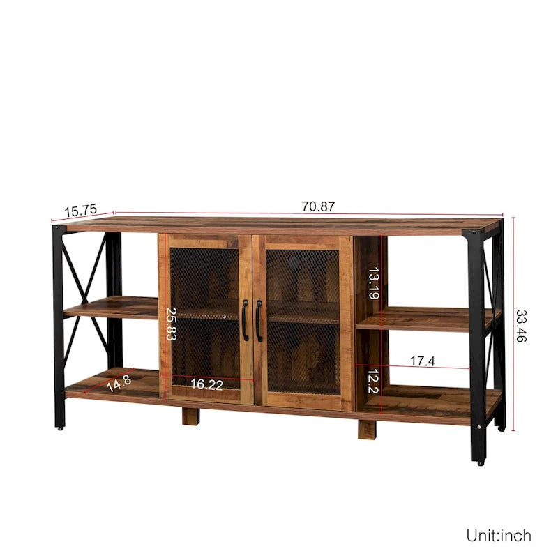 Mobile porta TV rustico con vani aperti da 180 cm, colore noce