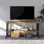 Tavolino consolle multimediale con una mensola per l'arredamento della casa, in legno di recupero naturale e finitura nera