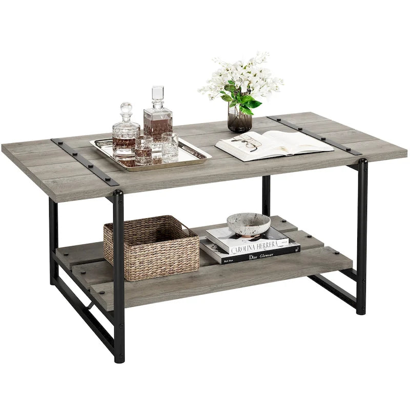 41  Large 2-Tier Industrial Wood Coffee Table with Storage Shelf