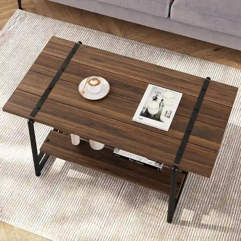 41  Tavolino da caffè grande industriale a 2 livelli in legno con ripiano portaoggetti