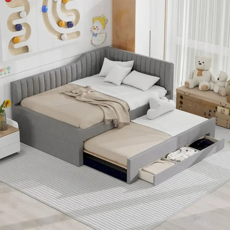Letto a una piazza e mezza imbottito con letto estraibile e tre cassetti, grigio