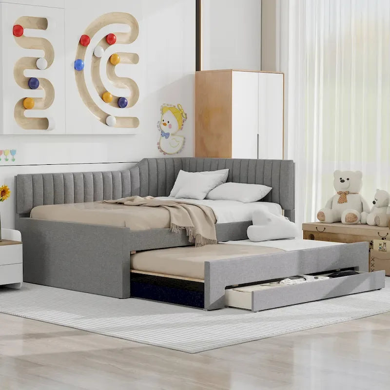 Letto a una piazza e mezza imbottito con letto estraibile e tre cassetti, grigio