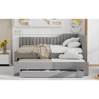 Letto a una piazza e mezza imbottito con letto estraibile e tre cassetti, grigio