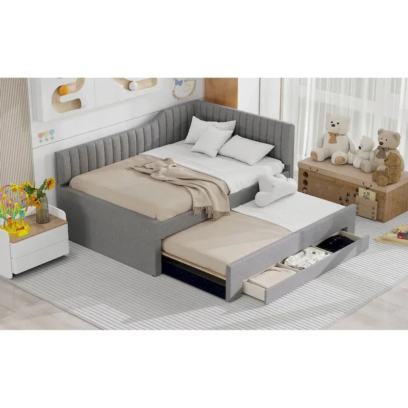Letto a una piazza e mezza imbottito con letto estraibile e tre cassetti, grigio