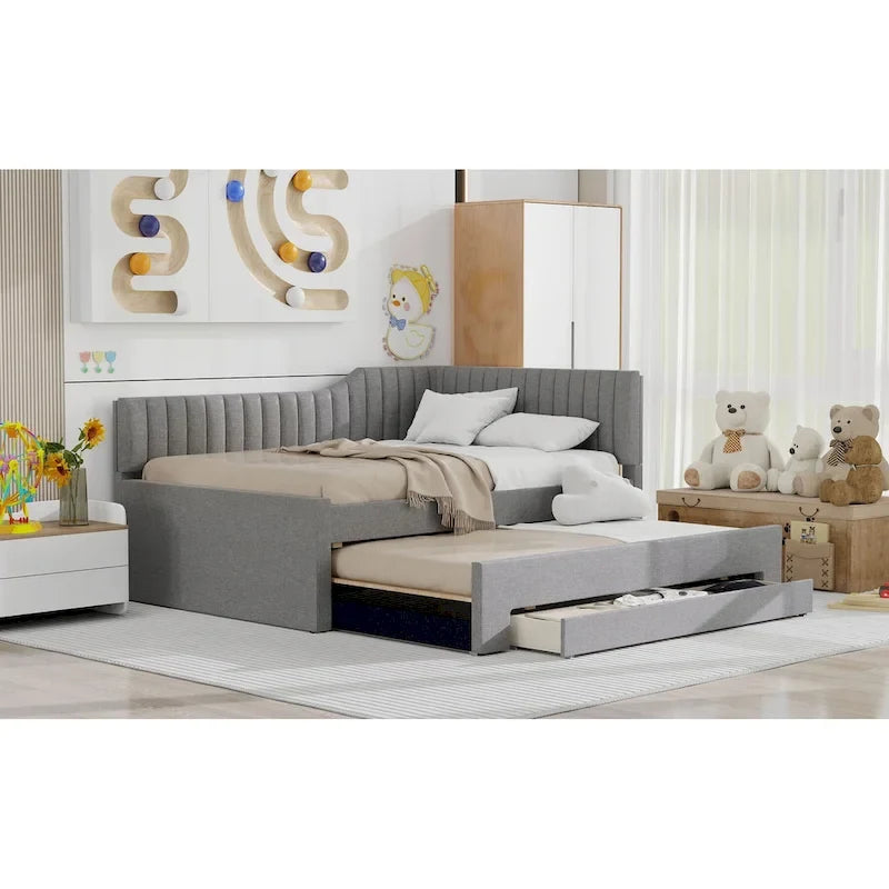 Letto a una piazza e mezza imbottito con letto estraibile e tre cassetti, grigio