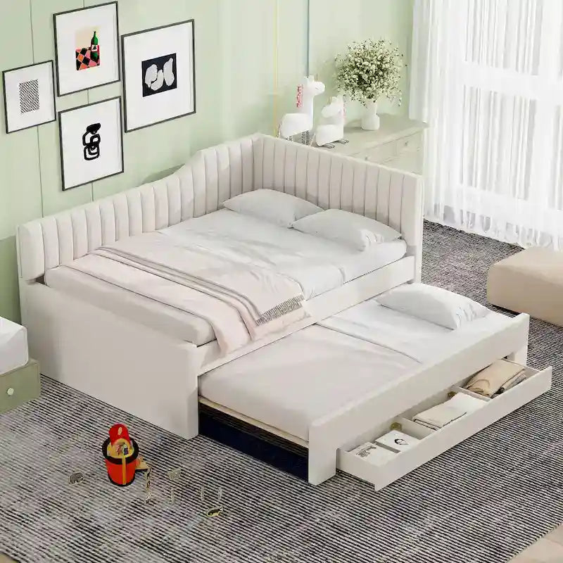 Letto a una piazza e mezza imbottito con letto estraibile e tre cassetti, grigio