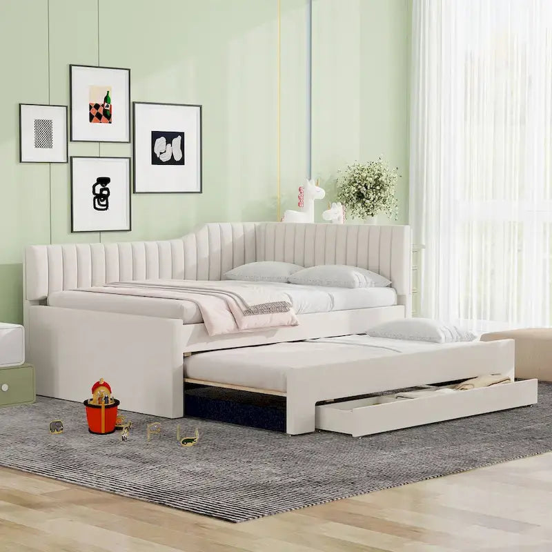 Letto a una piazza e mezza imbottito con letto estraibile e tre cassetti, grigio