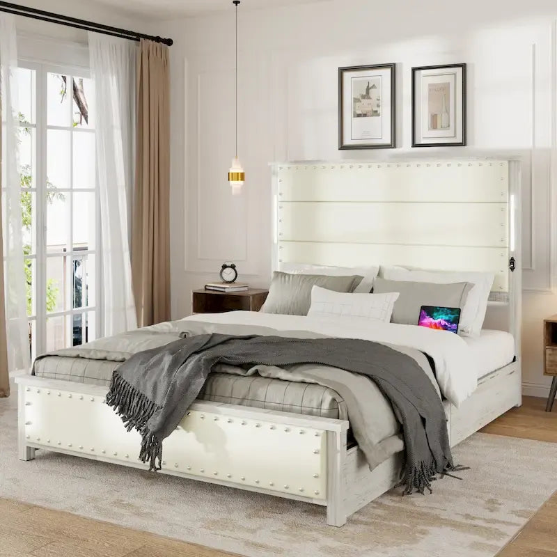HEBZON Struttura letto matrimoniale Queen Size bianca in MDF+Metallo con testiera imbottita e 4 cassetti contenitore