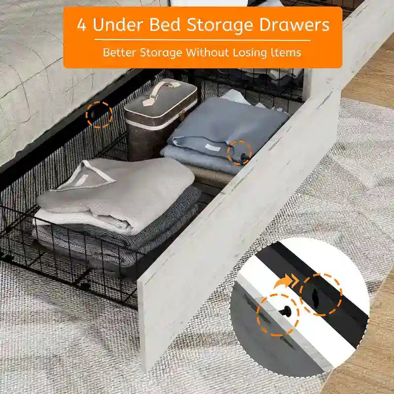 HEBZON Struttura letto matrimoniale Queen Size bianca in MDF+Metallo con testiera imbottita e 4 cassetti contenitore