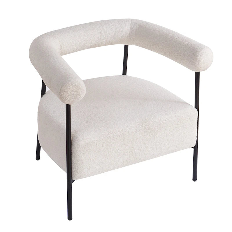Poltrona d'accento moderna rivestita in tessuto Bouclé, poltrona curva con struttura in metallo nero