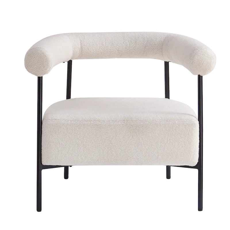 Poltrona d'accento moderna rivestita in tessuto Bouclé, poltrona curva con struttura in metallo nero