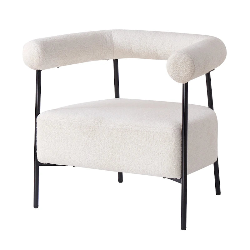 Poltrona d'accento moderna rivestita in tessuto Bouclé, poltrona curva con struttura in metallo nero