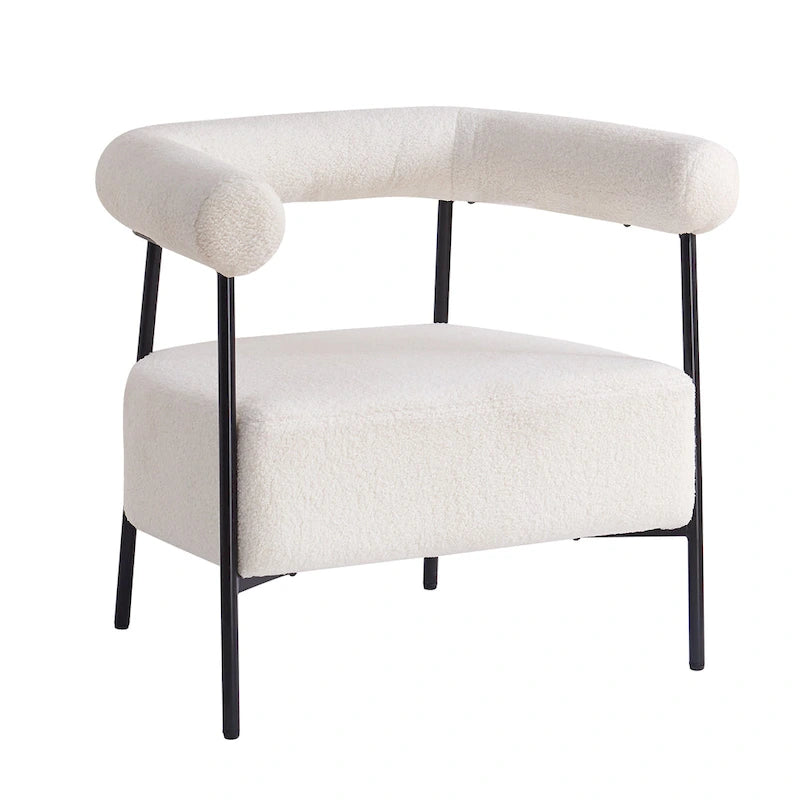 Poltrona d'accento moderna rivestita in tessuto Bouclé, poltrona curva con struttura in metallo nero