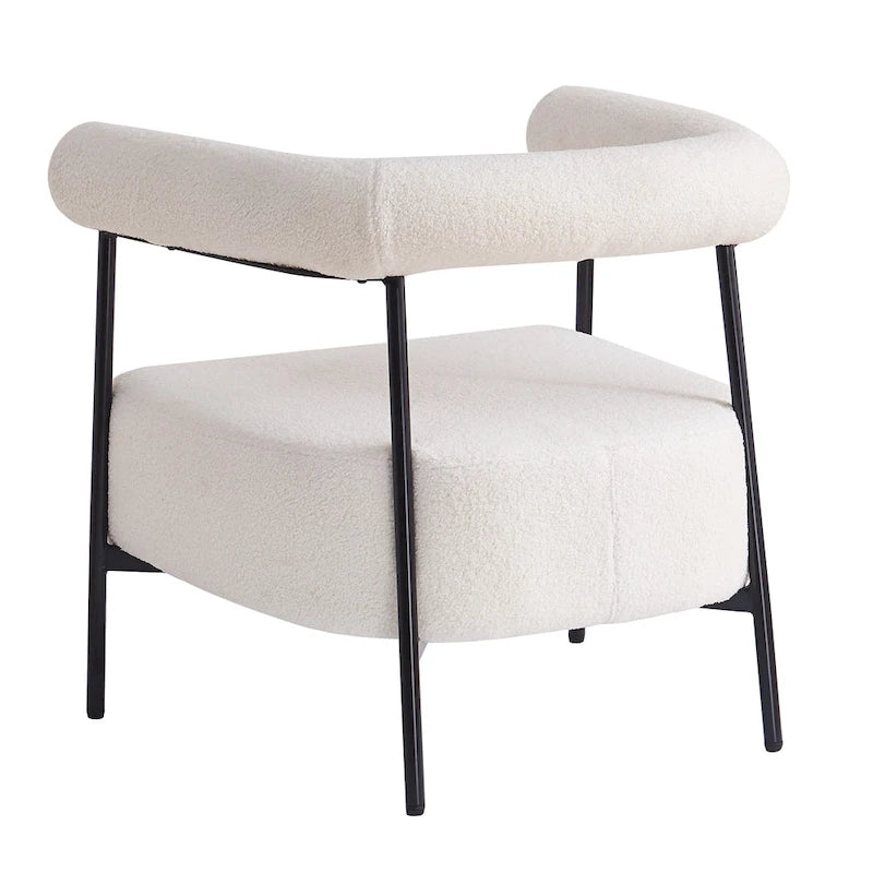 Poltrona d'accento moderna rivestita in tessuto Bouclé, poltrona curva con struttura in metallo nero