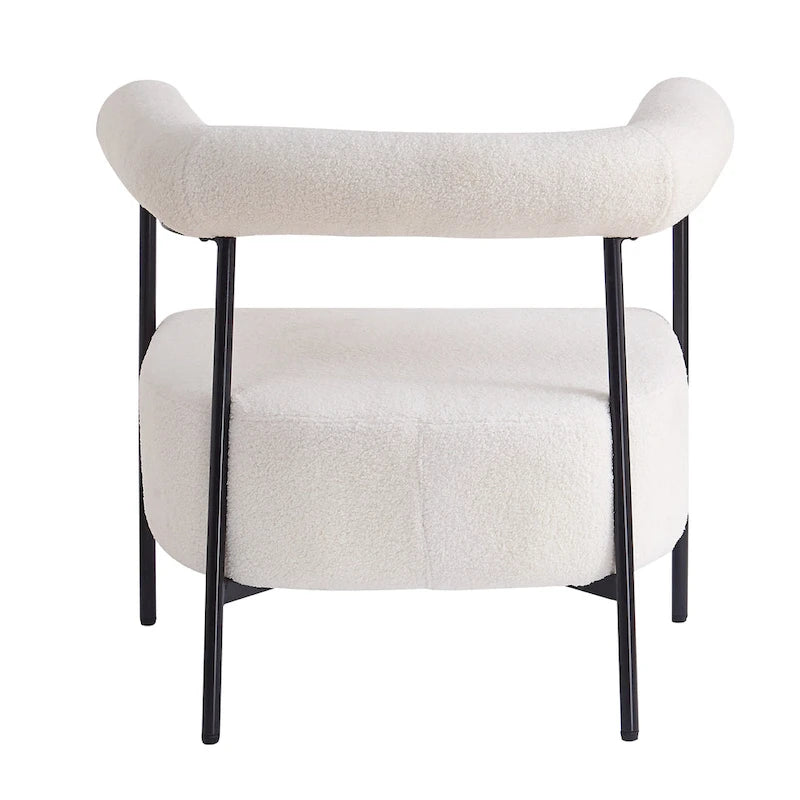 Poltrona d'accento moderna rivestita in tessuto Bouclé, poltrona curva con struttura in metallo nero