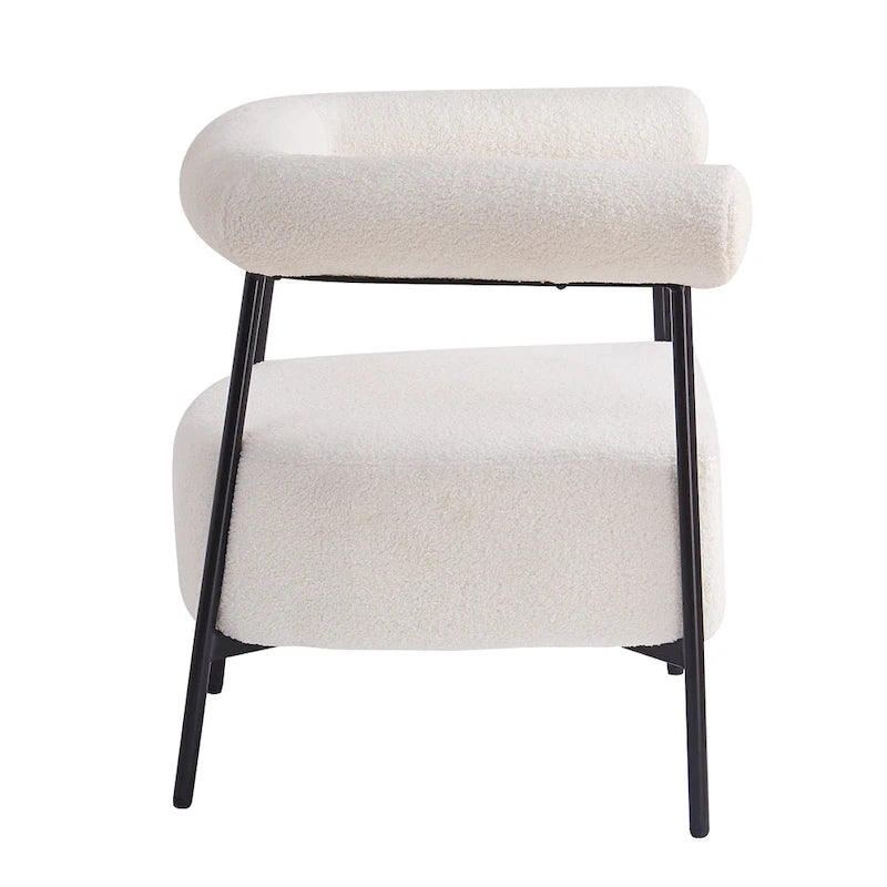 Poltrona d'accento moderna rivestita in tessuto Bouclé, poltrona curva con struttura in metallo nero