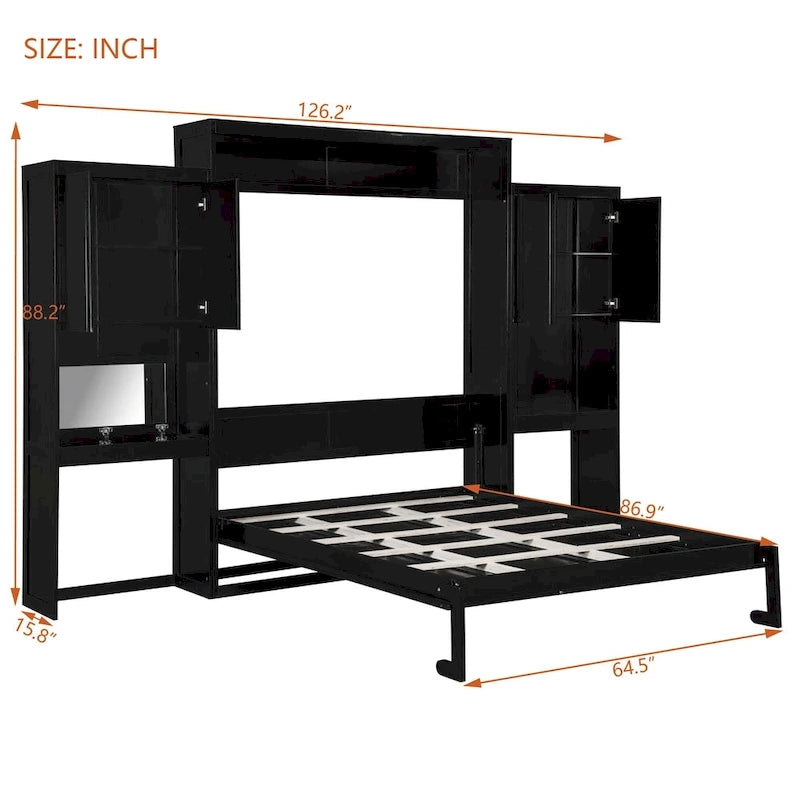 Letto a scomparsa Queen Size con scrivania, toeletta e armadietti, Espresso