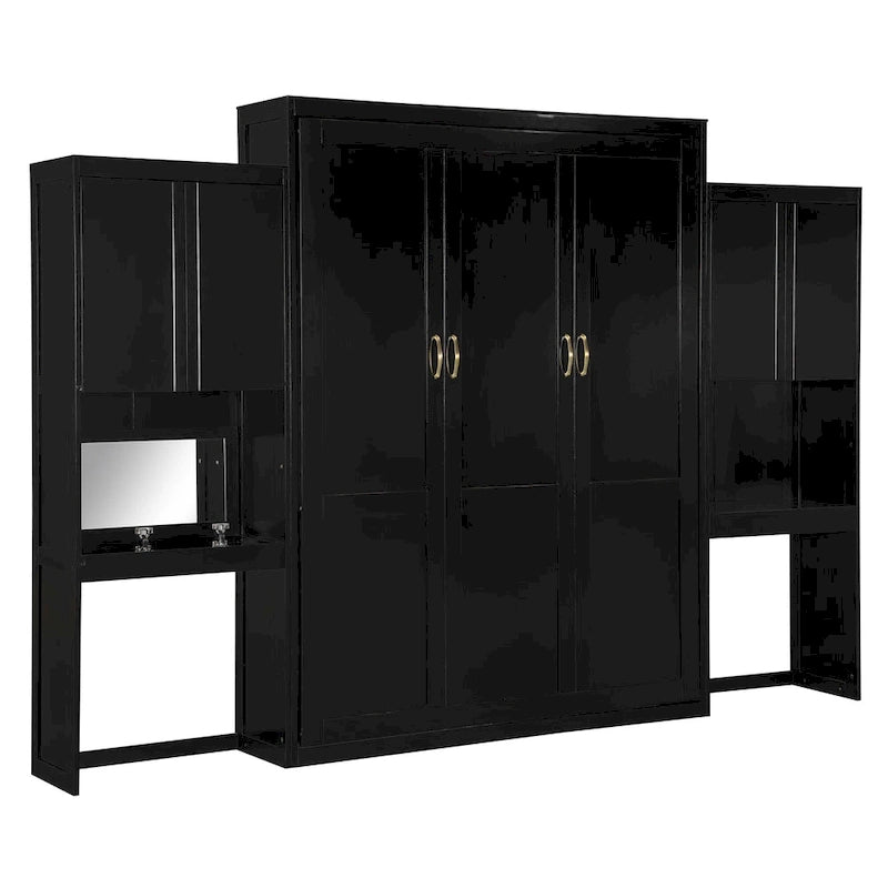 Letto a scomparsa Queen Size con scrivania, toeletta e armadietti, Espresso
