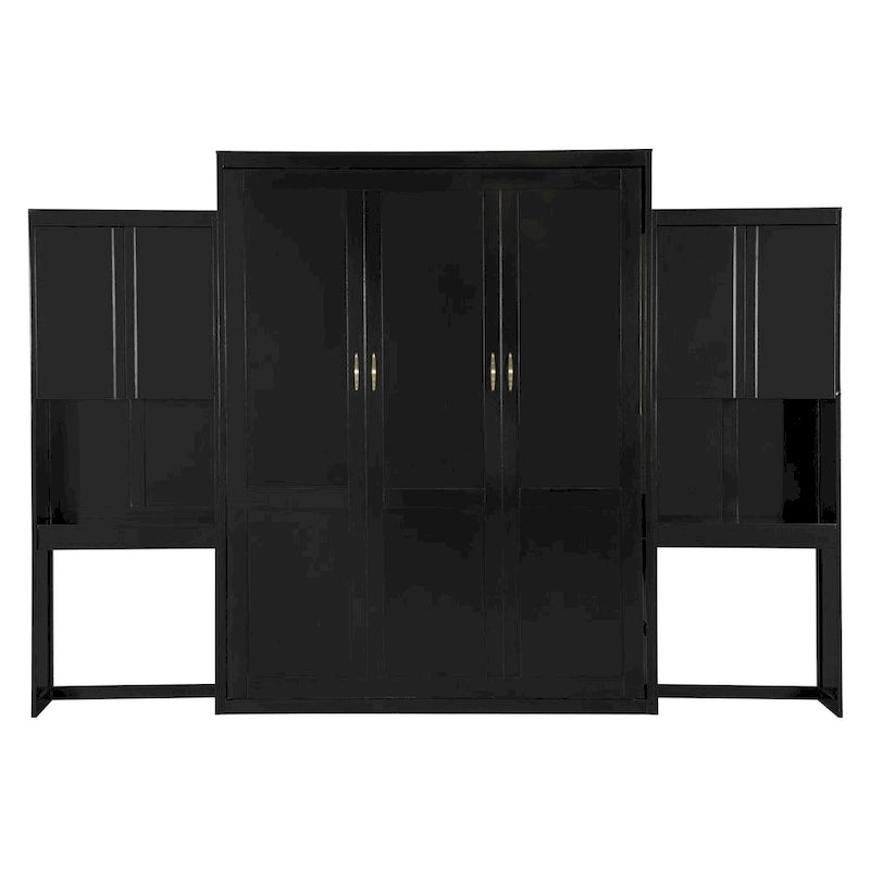 Letto a scomparsa Queen Size con scrivania, toeletta e armadietti, Espresso
