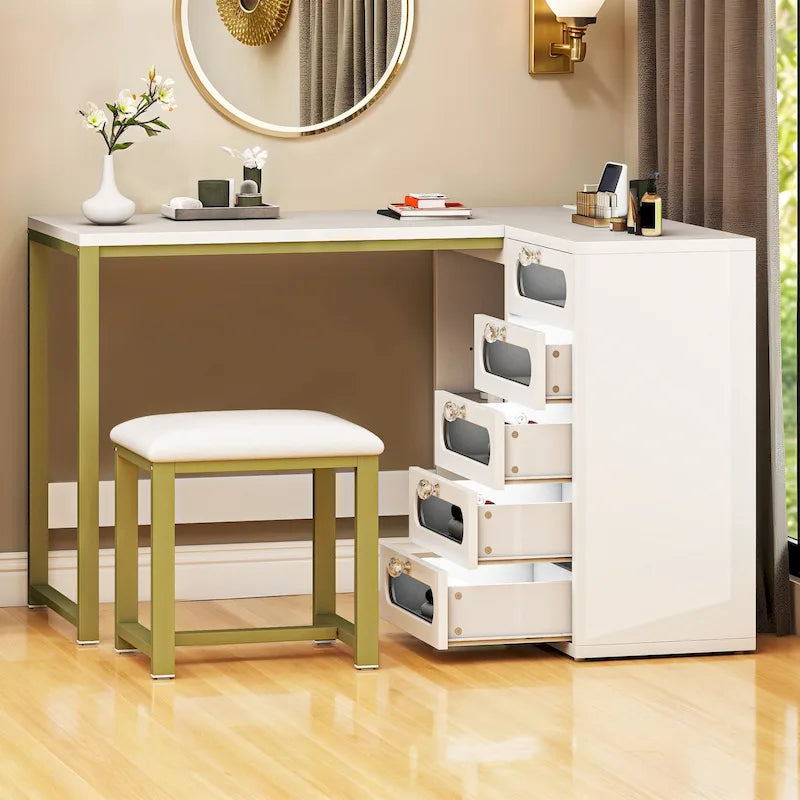 Set scrivania per unghie Moasis a L a 5 cassetti con sgabello imbottito e luce a LED