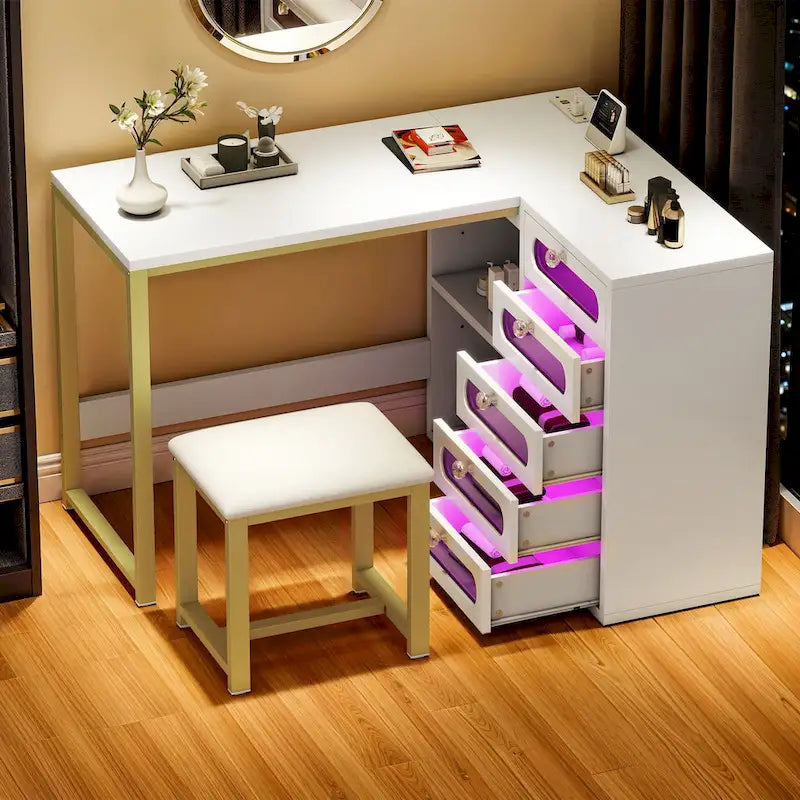 Set scrivania per unghie Moasis a L a 5 cassetti con sgabello imbottito e luce a LED