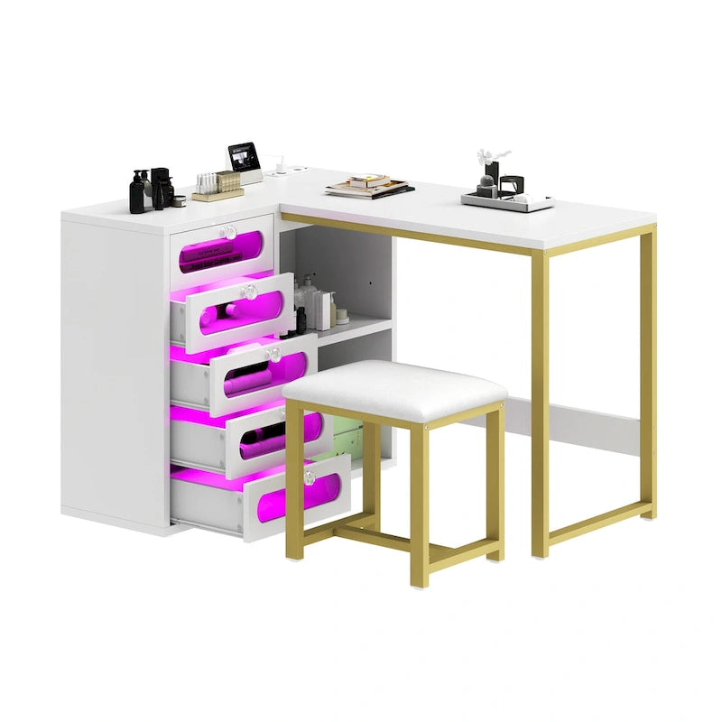 Set scrivania per unghie Moasis a L a 5 cassetti con sgabello imbottito e luce a LED