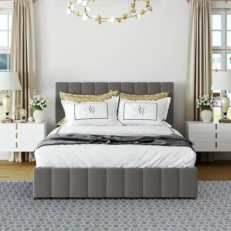 Letto imbottito moderno con piattaforma e sistema di sollevamento idraulico