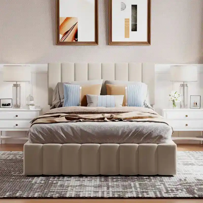 Letto imbottito moderno con piattaforma e sistema di sollevamento idraulico