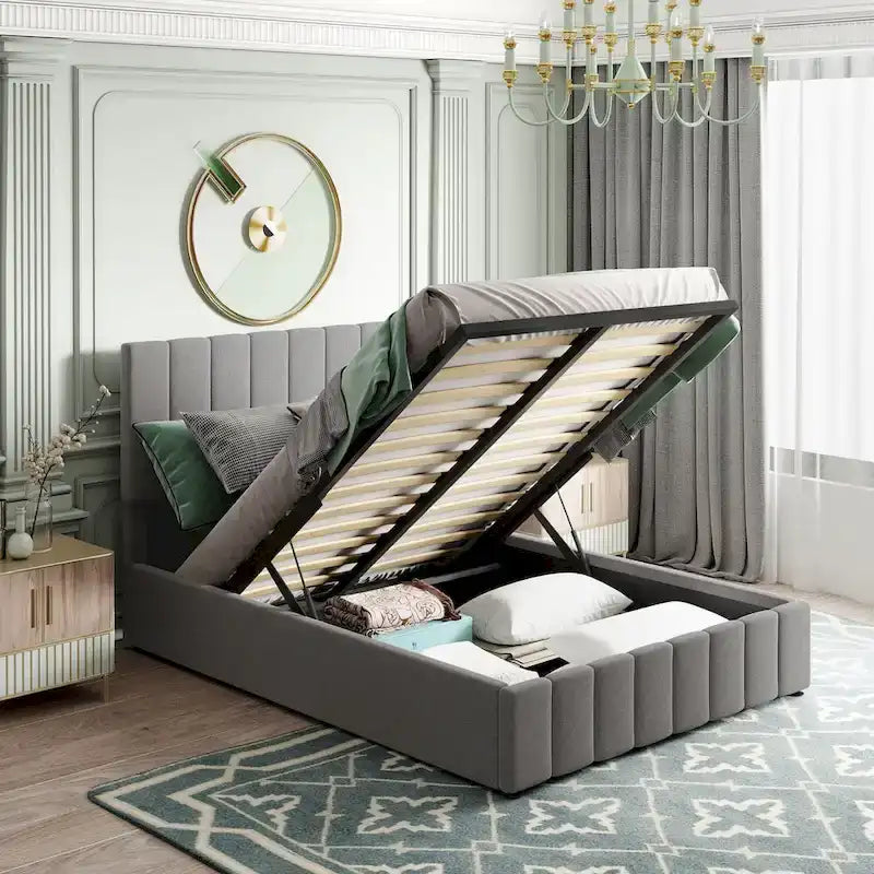 Letto imbottito moderno con piattaforma e sistema di sollevamento idraulico