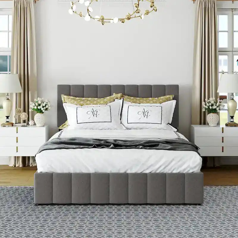 Letto imbottito moderno con piattaforma e sistema di sollevamento idraulico
