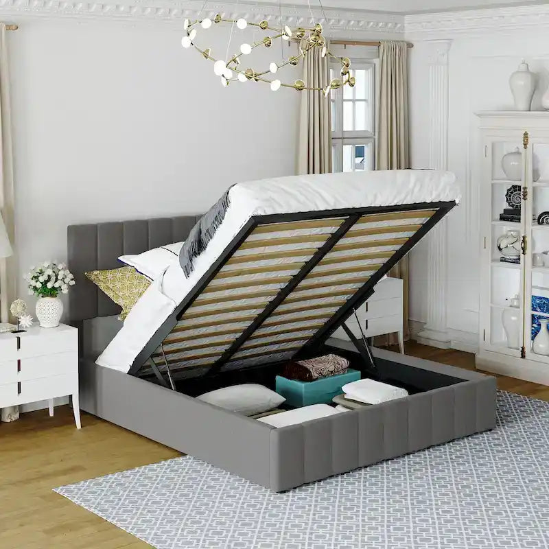 Letto imbottito moderno con piattaforma e sistema di sollevamento idraulico