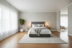 Letto imbottito moderno con piattaforma e sistema di sollevamento idraulico