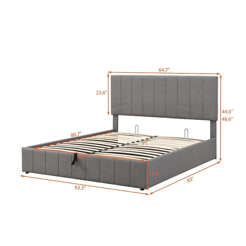 Letto imbottito moderno con piattaforma e sistema di sollevamento idraulico