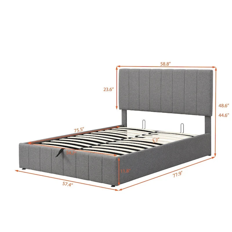 Letto imbottito moderno con piattaforma e sistema di sollevamento idraulico