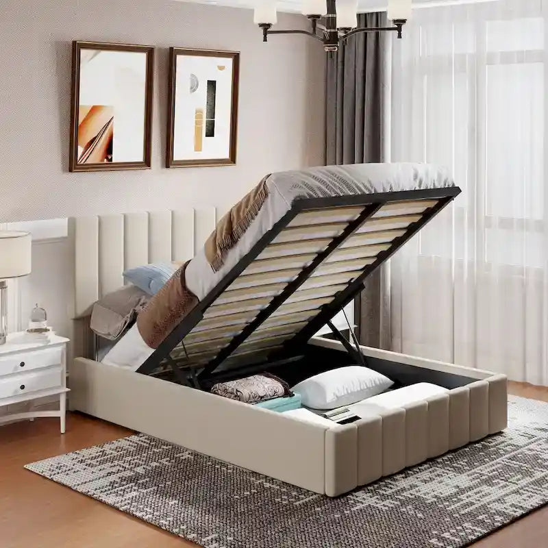 Letto imbottito moderno con piattaforma e sistema di sollevamento idraulico