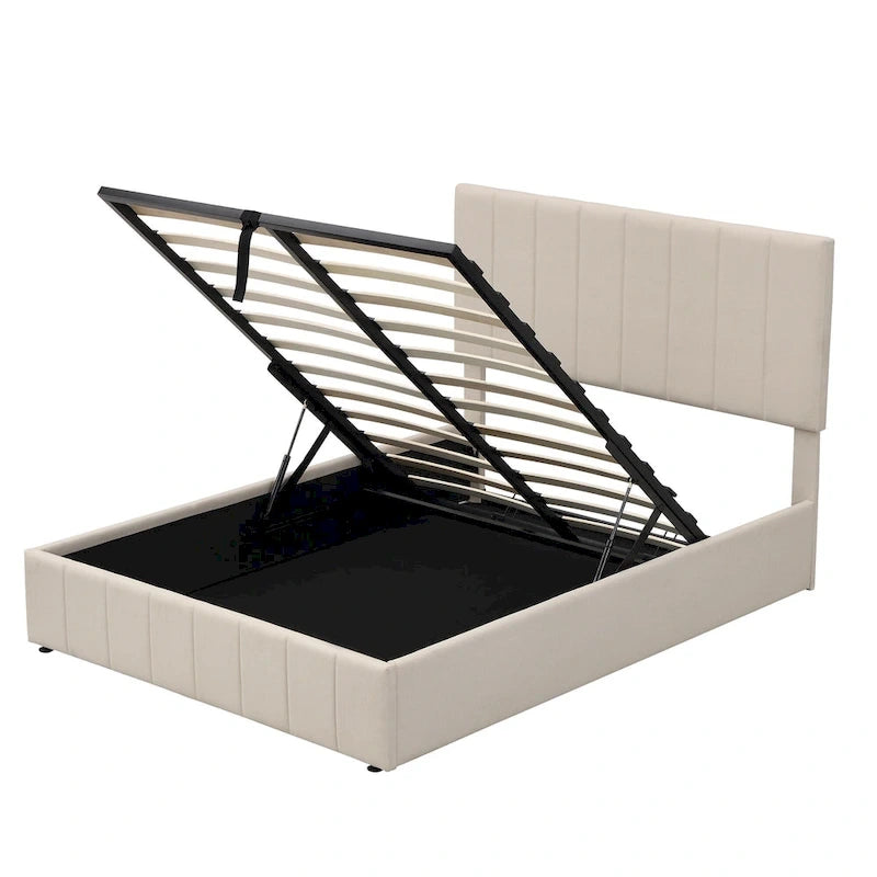 Letto imbottito moderno con piattaforma e sistema di sollevamento idraulico