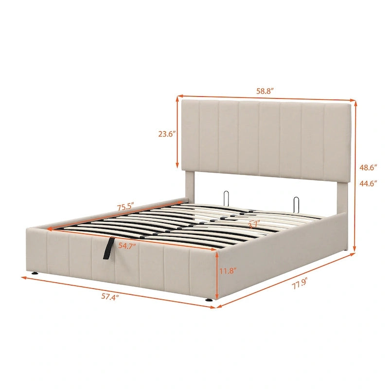 Letto imbottito moderno con piattaforma e sistema di sollevamento idraulico