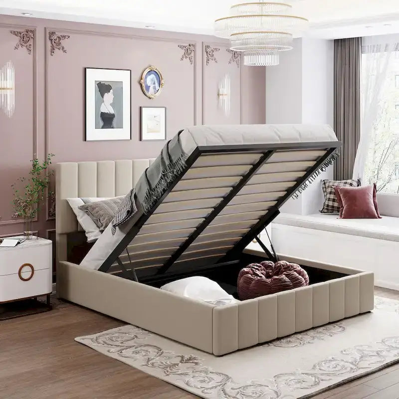 Letto imbottito moderno con piattaforma e sistema di sollevamento idraulico