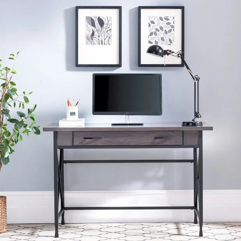 Scrivania/Tavolo da Computer Grigio in Metallo e Legno con 1 Cassetto