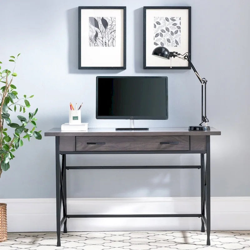 Scrivania/Tavolo da Computer Grigio in Metallo e Legno con 1 Cassetto
