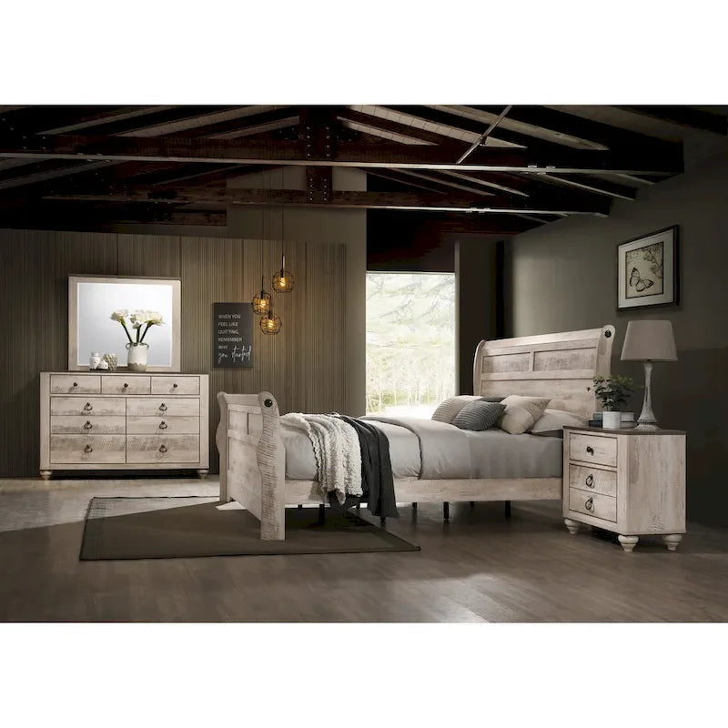 Set da camera da letto Imerland in finitura bianco lavato contemporaneo con letto a slitta, comò, specchio, due comodini