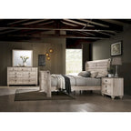 Set da camera da letto Imerland in finitura bianco lavato contemporaneo con letto a slitta, comò, specchio, due comodini
