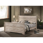Set da camera da letto Imerland in finitura bianco lavato contemporaneo con letto a slitta, comò, specchio, due comodini