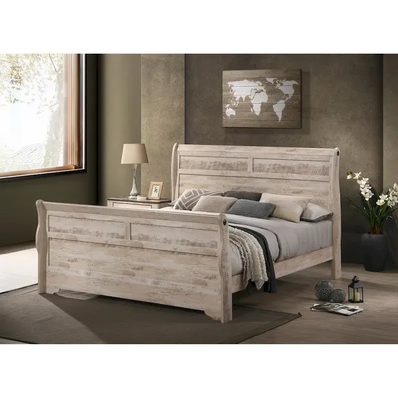 Set da camera da letto Imerland in finitura bianco lavato contemporaneo con letto a slitta, comò, specchio, due comodini