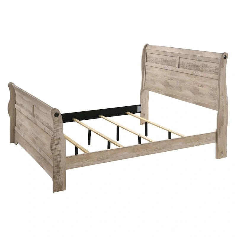 Set da camera da letto Imerland in finitura bianco lavato contemporaneo con letto a slitta, comò, specchio, due comodini