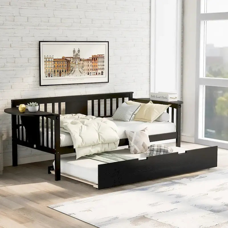 Letto a una piazza e mezza in legno con letto estraibile, divano letto per camera da letto o soggiorno